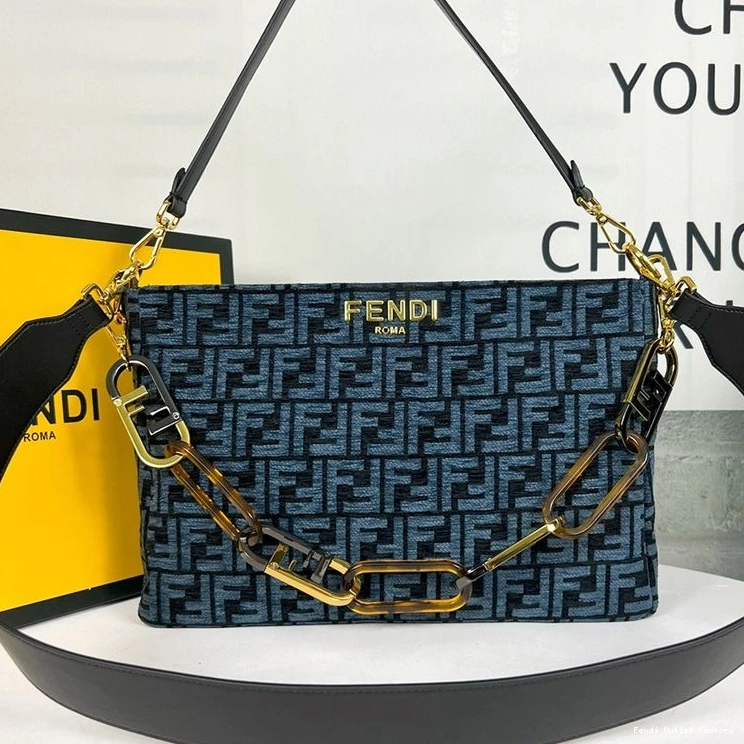Vintage HOT Fabric Shoulder Zip O'Lock Blue FF In Fendi Bag Tapestry 0824